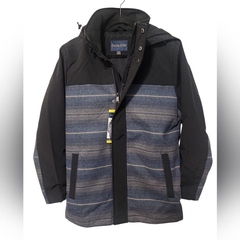 NEW Pendleton Wool Blend Black and Blue Removable Hood Softshell Jacket Small